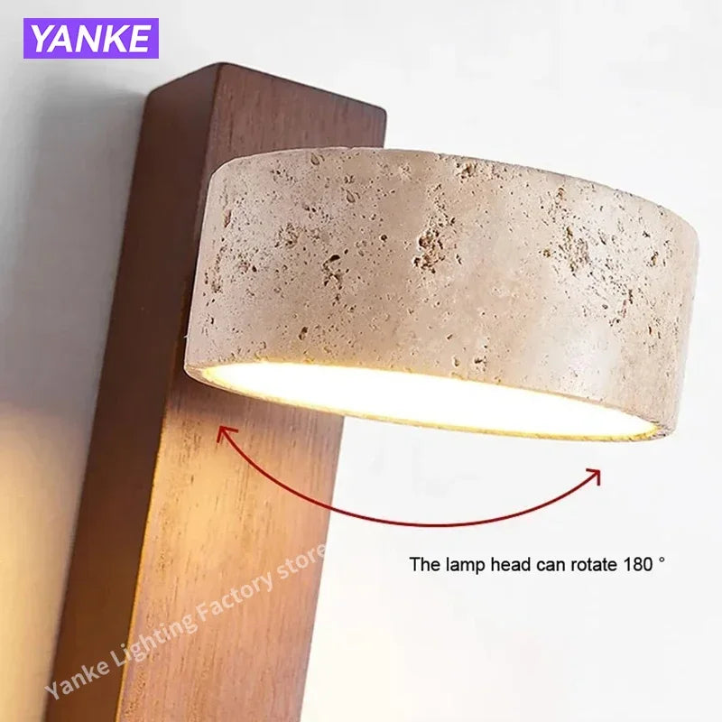 Wabi Sabi Yellow Travertine Wall Lamp with Pull Chain Switch Rotable Nordic Design LED Wood Stone Lights for Bedside Apartment