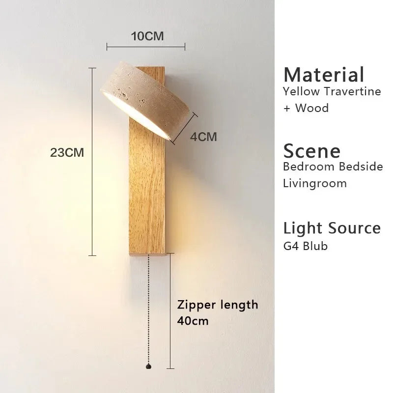 Wabi Sabi Yellow Travertine Wall Lamp with Pull Chain Switch Rotable Nordic Design LED Wood Stone Lights for Bedside Apartment