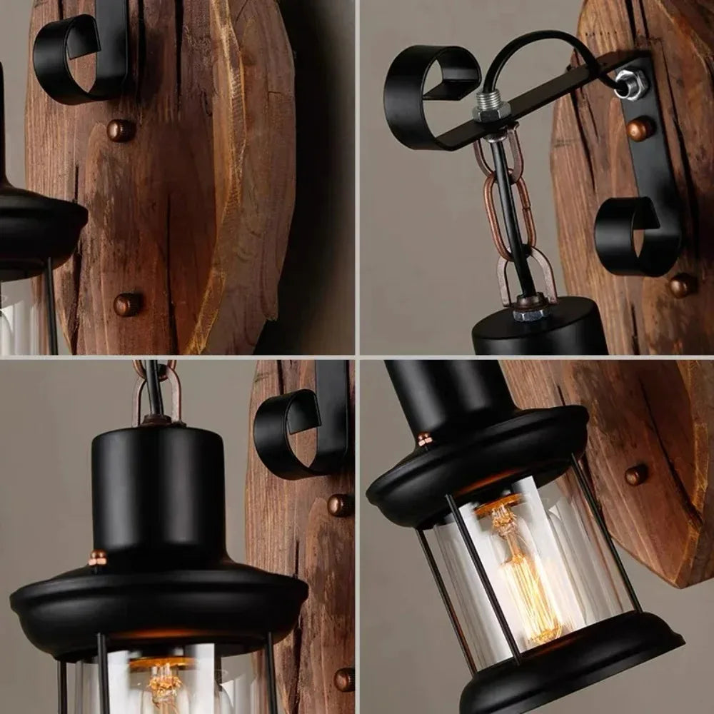 Nordic Antique Retro Vintage Industrial Wood Led Wall Lamp with Exquisite Appearance Warm Light for Bar Café Garden E27