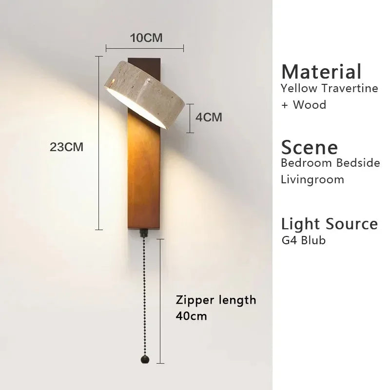 Wabi Sabi Yellow Travertine Wall Lamp with Pull Chain Switch Rotable Nordic Design LED Wood Stone Lights for Bedside Apartment