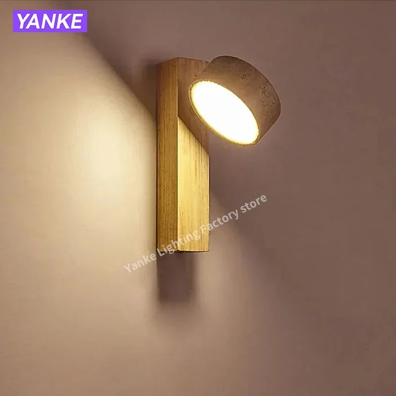 Wabi Sabi Yellow Travertine Wall Lamp with Pull Chain Switch Rotable Nordic Design LED Wood Stone Lights for Bedside Apartment