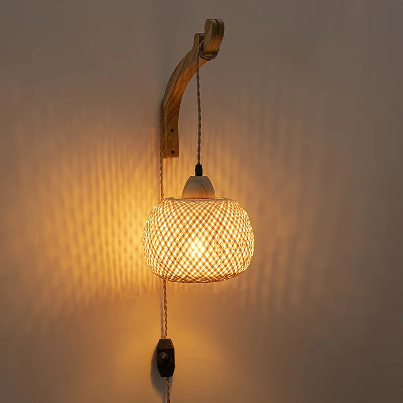Bamboo Lantern Wall Lamp Natural Rattan Wicker E27 Chandeliers Hand-Woven Bamboo Room Decor Lampshades Wall Light Fixtures