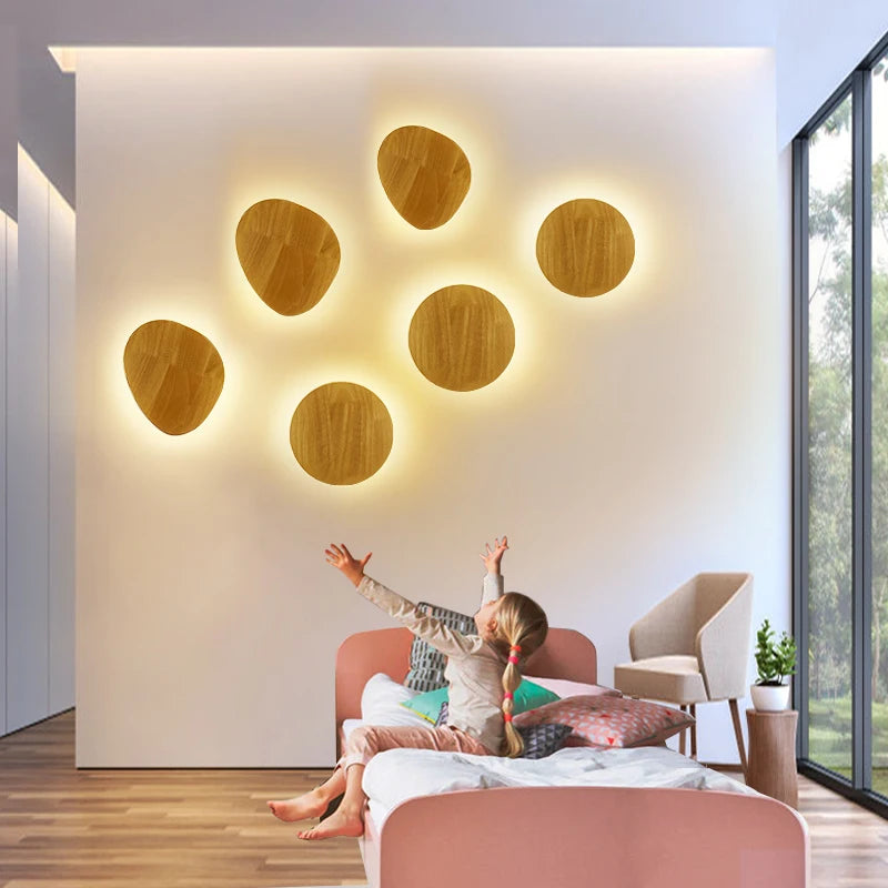 Nordic LED Wall Light Modern Original LED Circular Wooden Wall Light Personalized Bedside Bedroom Staircase Wall Hanging Light