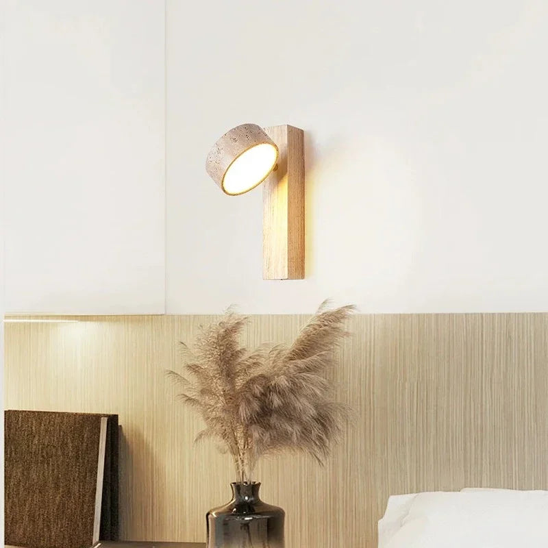 Wabi Sabi Yellow Travertine Wall Lamp with Pull Chain Switch Rotable Nordic Design LED Wood Stone Lights for Bedside Apartment