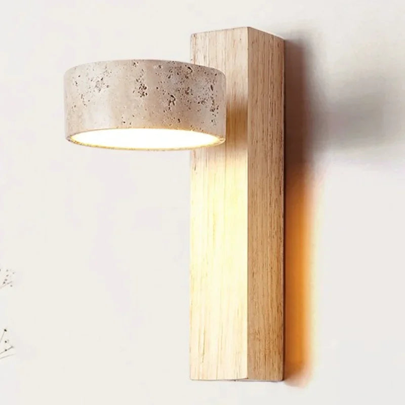 Wabi Sabi Yellow Travertine Wall Lamp with Pull Chain Switch Rotable Nordic Design LED Wood Stone Lights for Bedside Apartment
