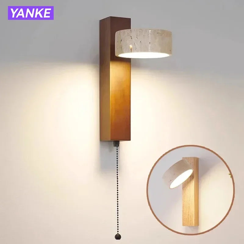 Wabi Sabi Yellow Travertine Wall Lamp with Pull Chain Switch Rotable Nordic Design LED Wood Stone Lights for Bedside Apartment