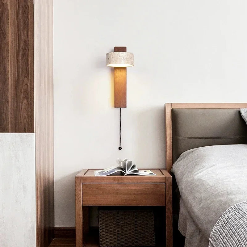 Wabi Sabi Yellow Travertine Wall Lamp with Pull Chain Switch Rotable Nordic Design LED Wood Stone Lights for Bedside Apartment